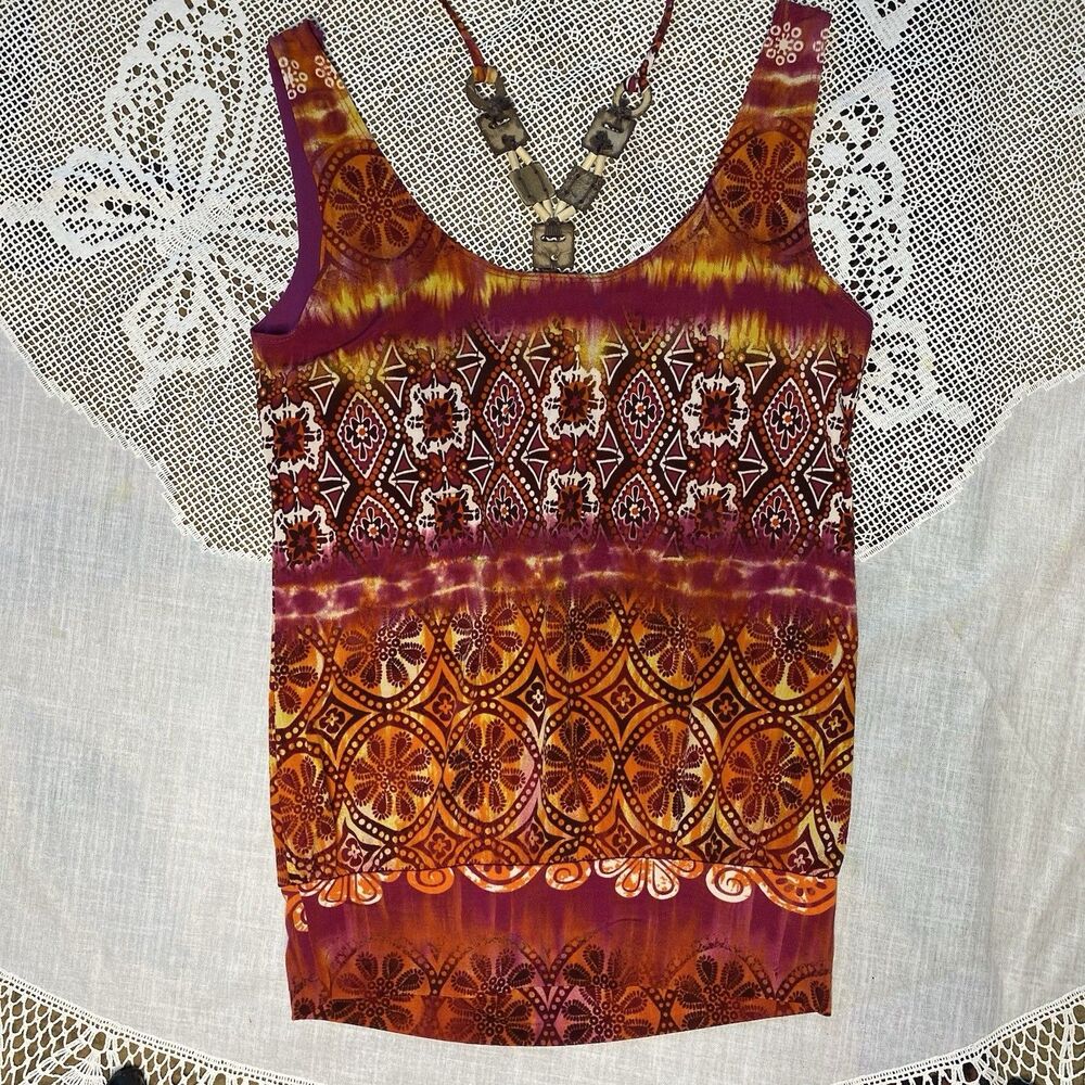 Heart Soul Sleeveless Blouse Womens M Beaded Necklace Tie Dye Bubble Hem Y2K - Picture 3 of 8